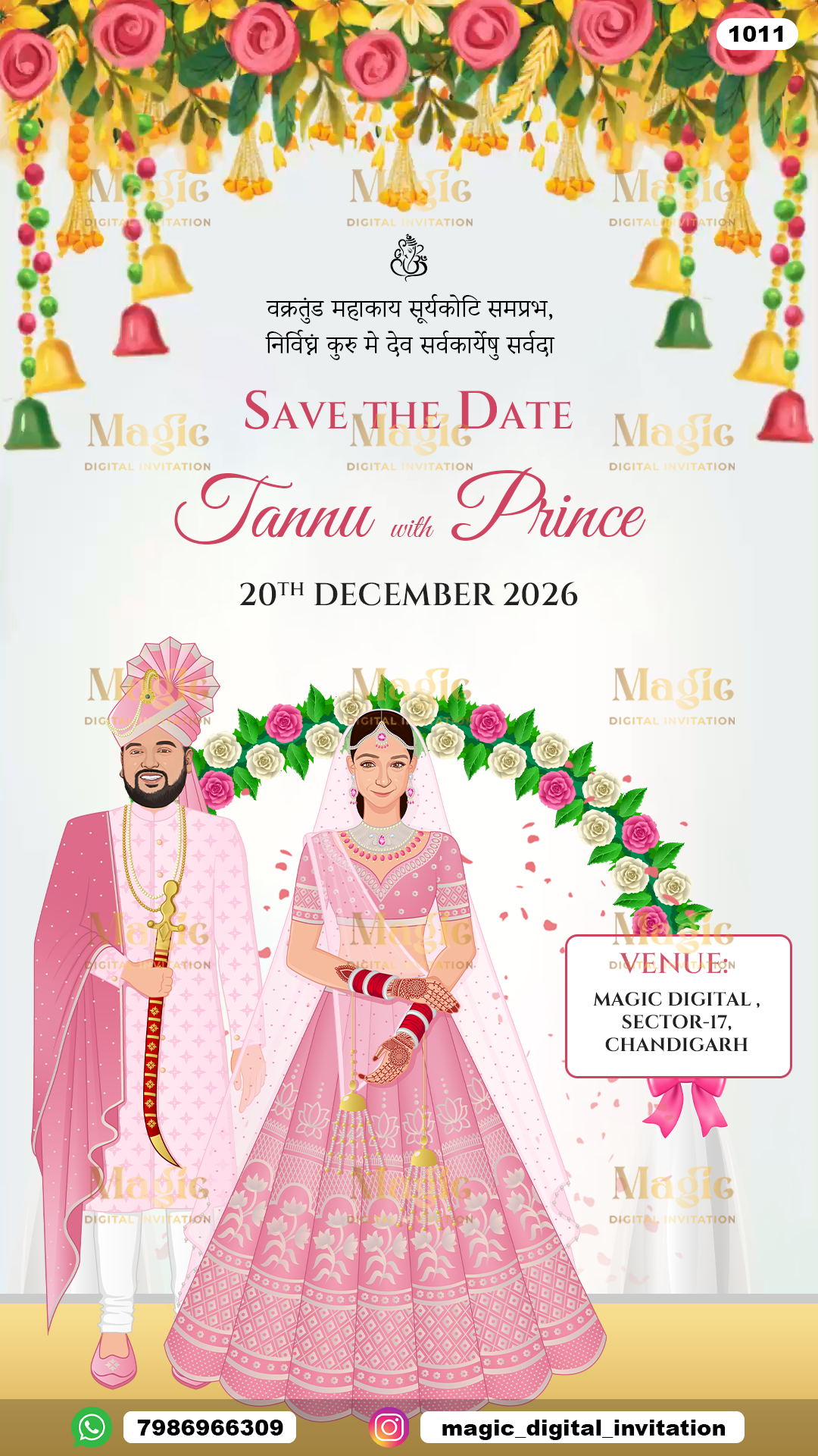 Pink Traditional Caricature Wedding Invitation - D1011