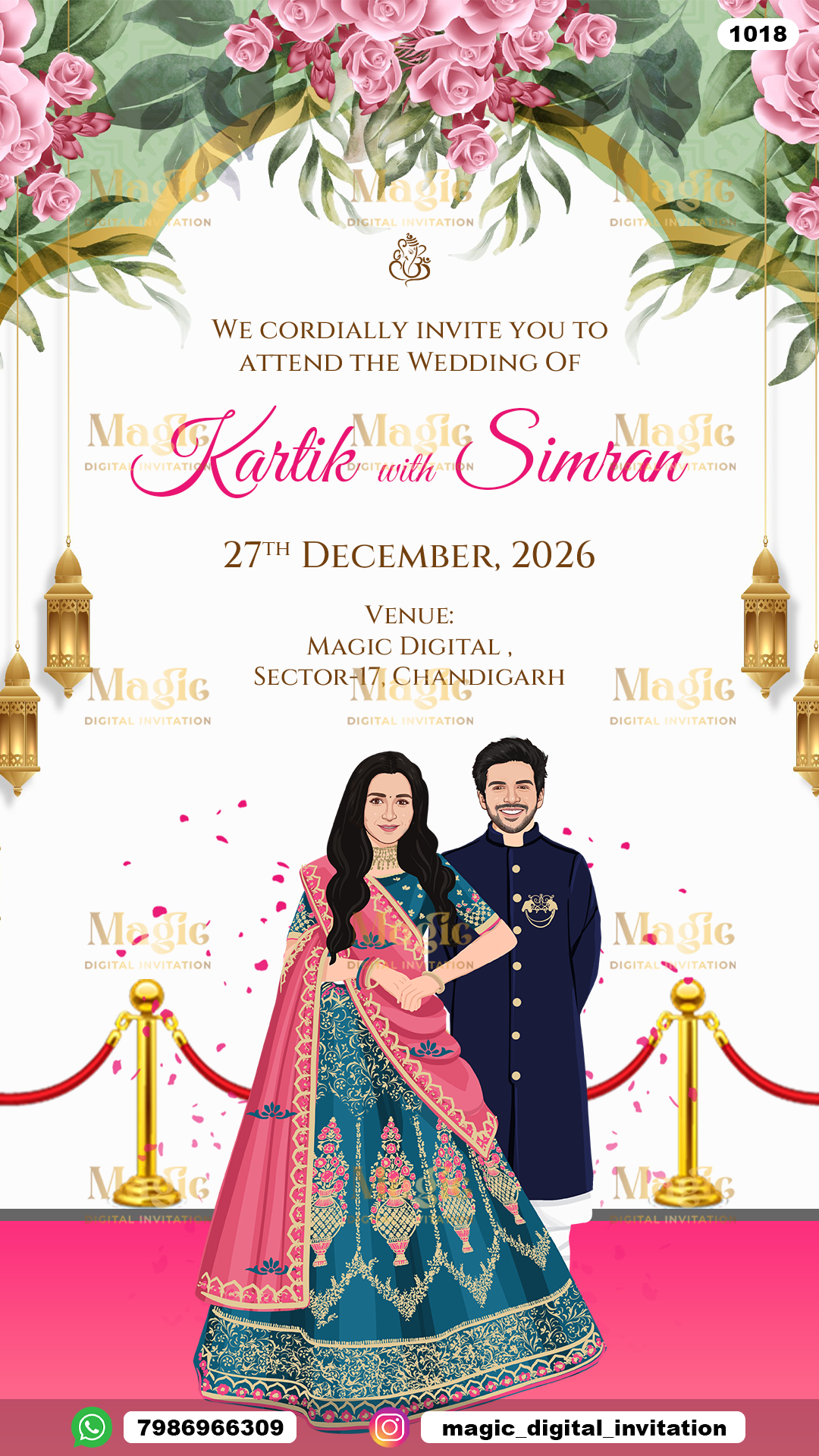 Royal Floral Caricature Wedding Invitation - D1018