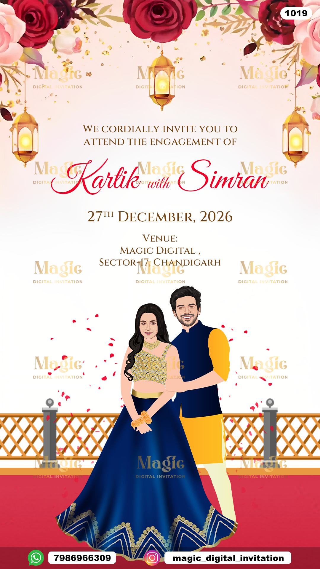 Floral Terrace Caricature Engagement Invitation - D1019