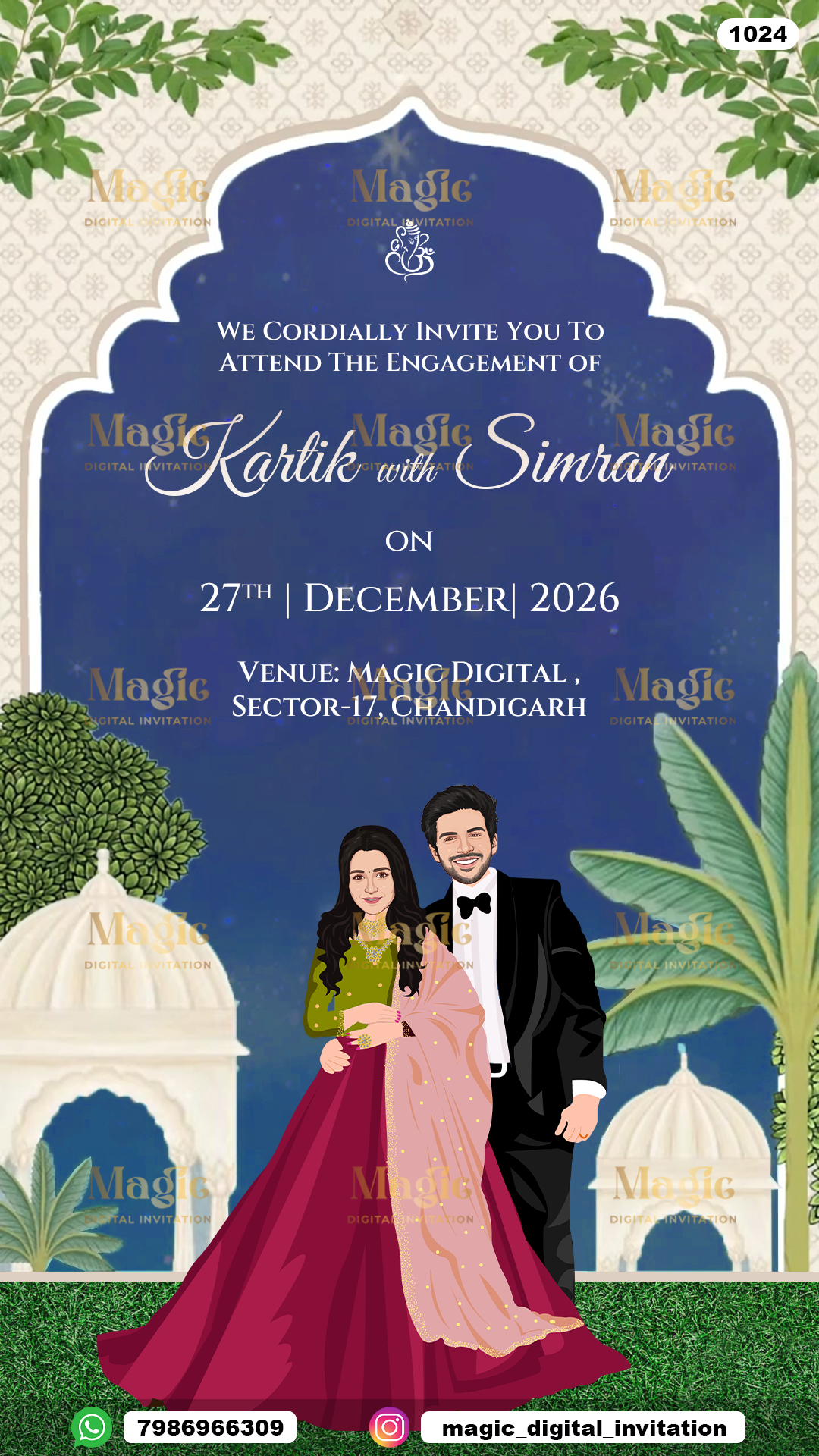 Royal Blue Caricature Engagement Invitation - D1024