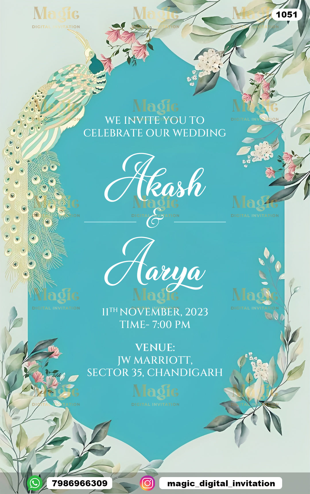 Teal Peacock Wedding Invitation - D1051