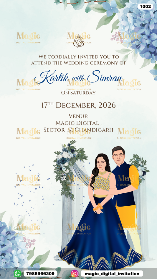 Blue Floral Watercolor Wedding Invitation - D1002