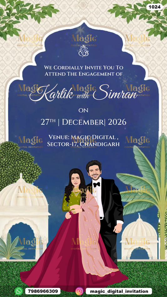 Royal Blue Caricature Engagement Invitation - D1024