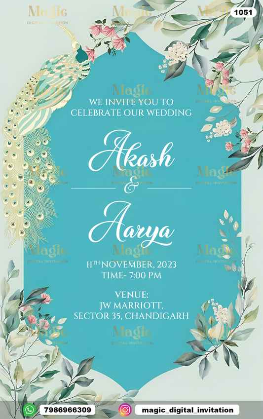 Teal Peacock Wedding Invitation - D1051
