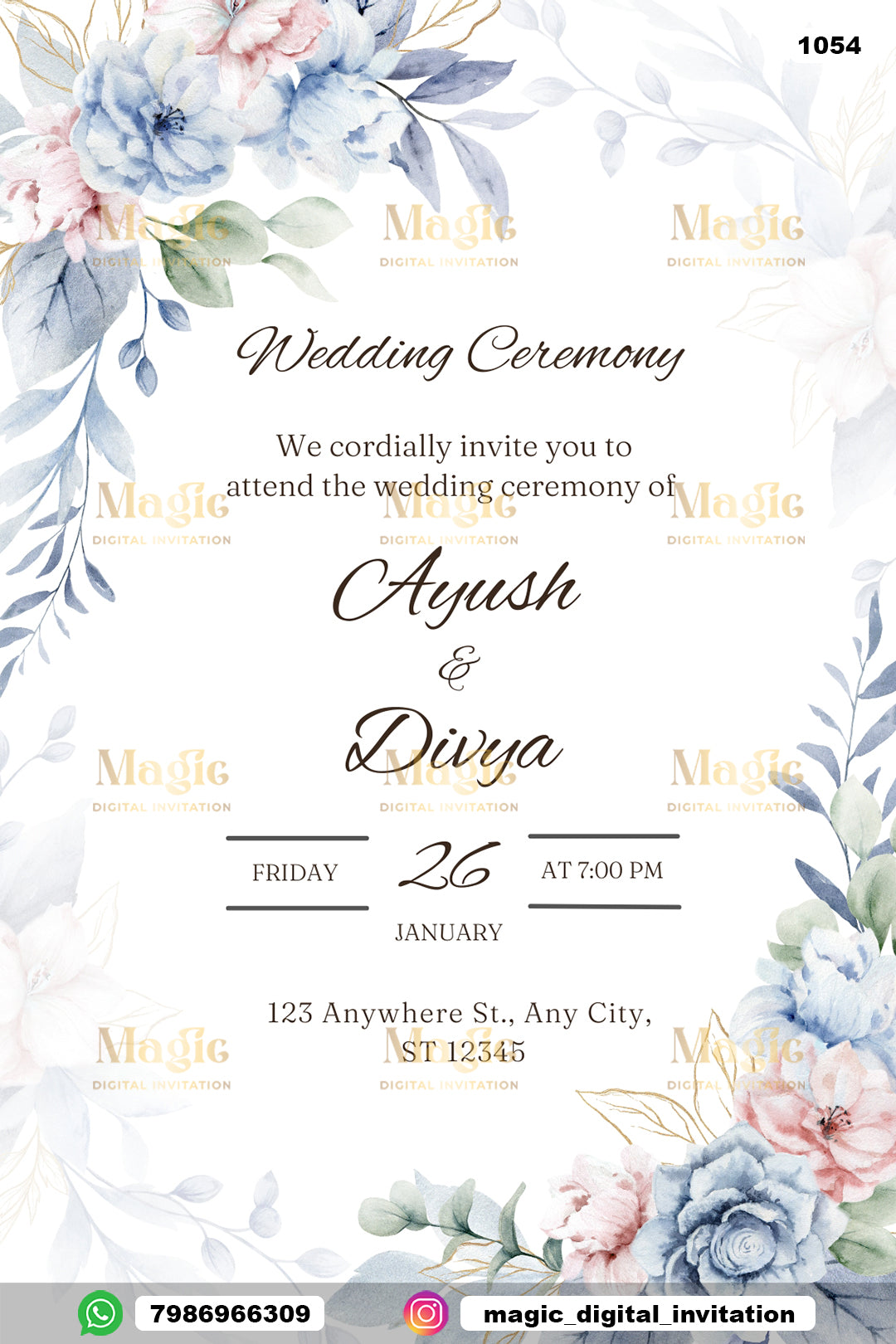 Blue Pink Floral Wedding Invitation - D1054