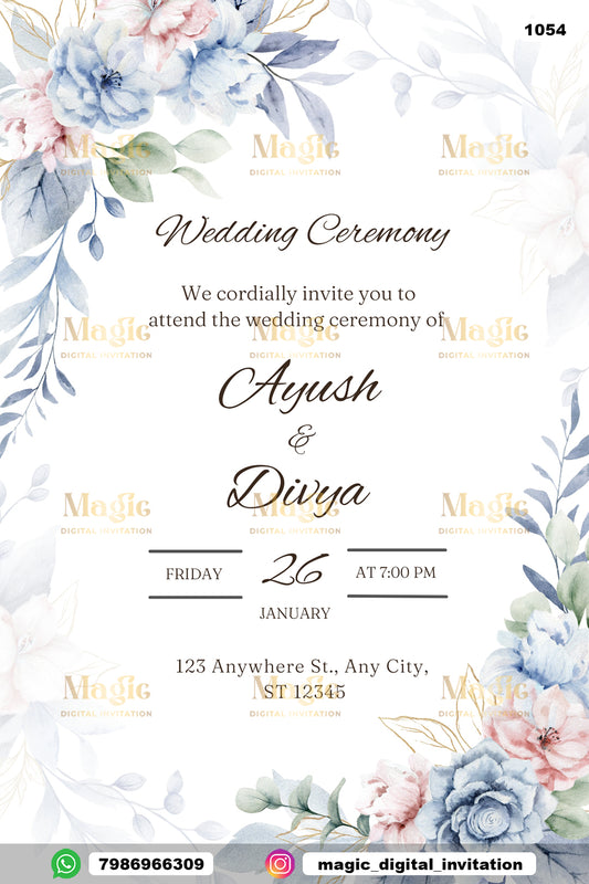 Blue Pink Floral Wedding Invitation - D1054