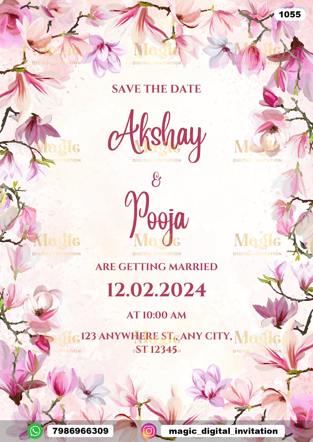 Pink Magnolia Floral Wedding Invitation - D1055