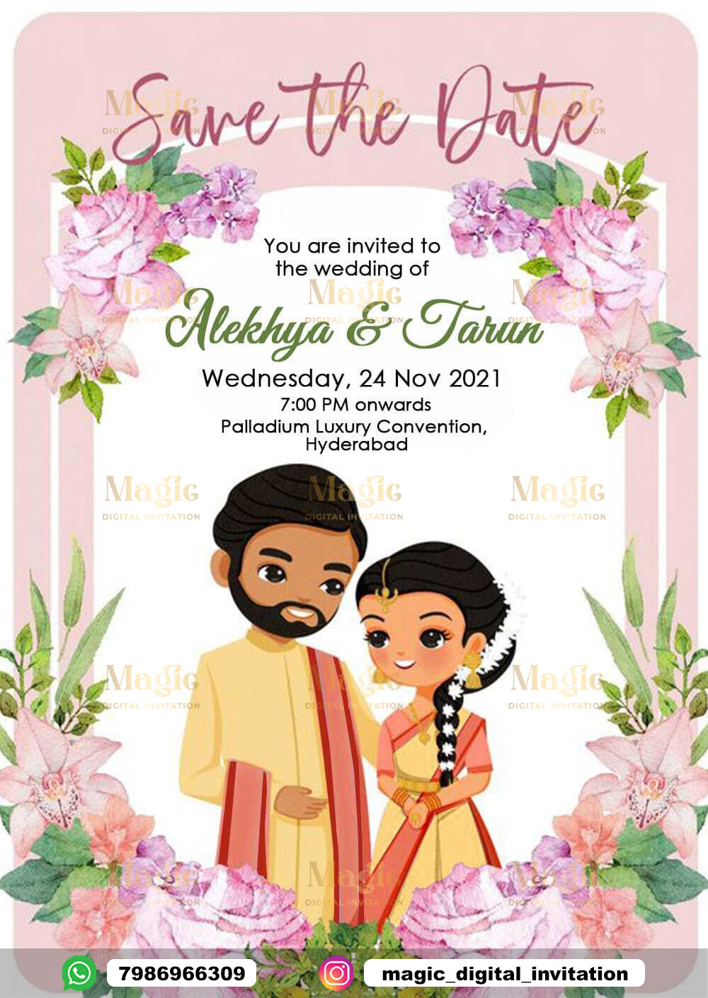 Pink Floral Caricature Wedding Invitation - D1109