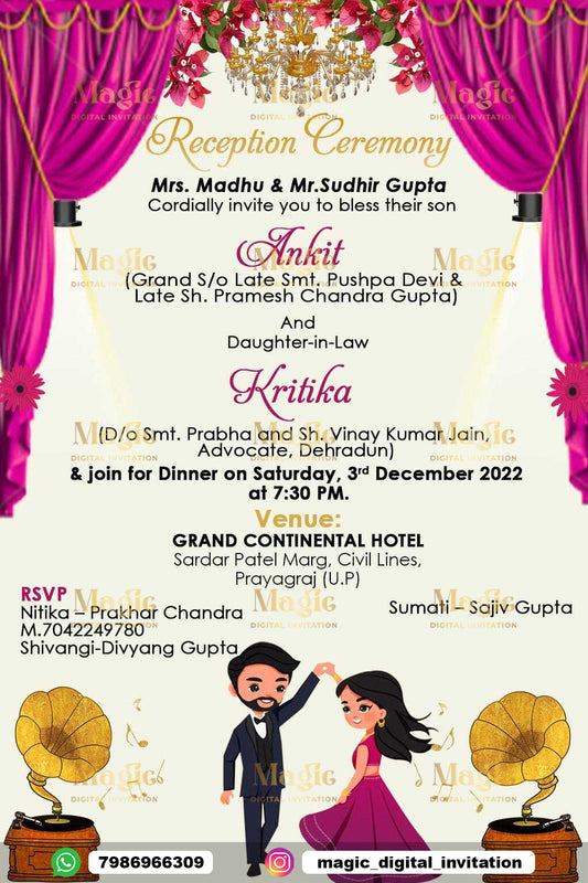 Pink Curtain Caricature Reception Invitation - D1206