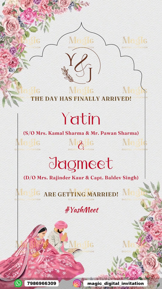 Floral Accents & Gilded Vows Premium Caricature Sikh Wedding Invitation Video - D4018